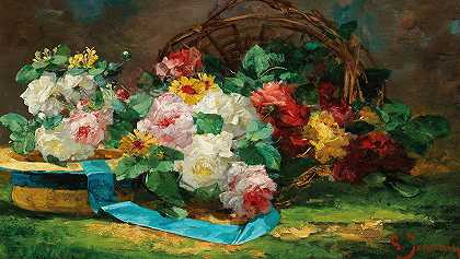 《带玫瑰和帽子的静物》乔治·珍妮著`Still Life with Roses and a Hat by Georges Jeannin