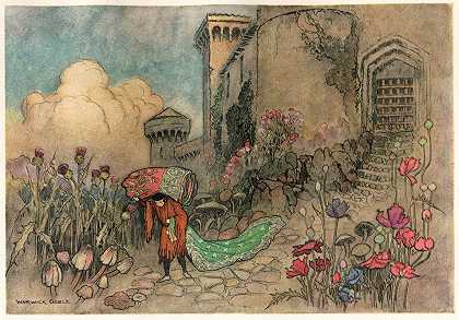 克尔维托和食人魔一起逃跑s挂毯`Corvetto escaping with the Ogres Tapestry (1911) by Warwick Goble