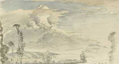 多云的天空覆盖着丘陵地带`Cloudy sky over a hilly landscape (1812 ~ 1882) by John Linnell