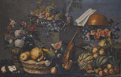 这是一部静物画，篮子里和窗台上有各种各样的水果，花瓶里有花朵，乐器，还有一只猴子吹着笛子`A Still Life With Various Fruits In A Basket And On A Ledge, Flowers In A Vase, Musical Instruments And A Monkey With A Flute (17th Century) by French School