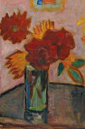 Alexej von Jawlensky的《带花的静物画》`Stillleben (Still Life With Flowers) (1933) by Alexej von Jawlensky
