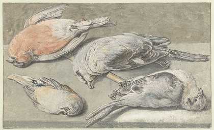 Elias Vonck的《四只死鸟的静物》`Still Life with Four Dead Birds (c. 1640 ~ c. 1652) by Elias Vonck