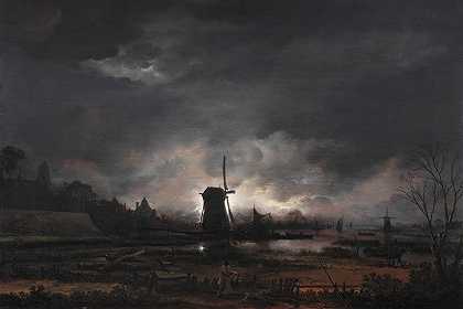 带风车的月光景观`Moonlit Landscape With A Windmill (early to mid 1650s) by Aert van der Neer