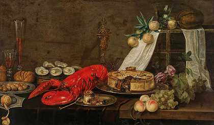 一只龙虾、牡蛎、糕点、混合水果和装满葡萄酒的玻璃杯放在一张由弗兰斯·伊肯斯（Frans Ykens）设计的半挂桌子上`A lobster, oysters, pastry, mixed fruit and filled wine glasses on a partially draped table (1647) by Frans Ykens