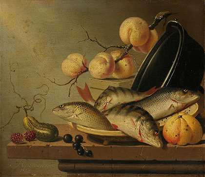 Harmen Steenwyck的《鱼与水果静物》`Still Life with Fish and Fruit (1652) by Harmen Steenwyck