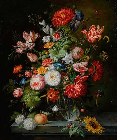 欧洲大陆学校的玻璃花瓶里有花的静物画`Still Life with Flowers in a Glass Vase (20th century) by Continental School