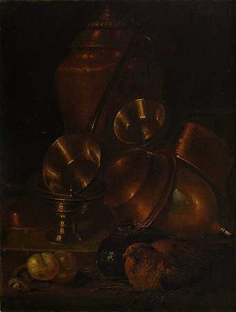 Martin Dichtl的静物画（带有黄铜和铜容器的母鸡）`Still Life (Hen with Brass and Copper Vessels) by Martin Dichtl