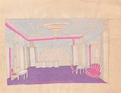 第五大道Lentheric沙龙的设计纽约州纽约市萨沃伊广场58街。][透景观]`Design for the Lentheric Salon, Fifth Ave. & 58th St., Savoy~Plaza Hotel, New York, NY.] [Perspective sketch (1925) by Winold Reiss