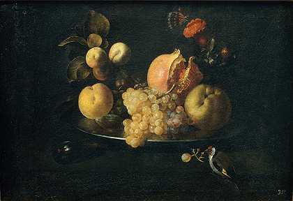 胡安·德·祖巴兰的《水果和金翅雀静物》`Still Life with Fruit and Goldfinch (from 1639 until 1640) by Juan de Zurbarán