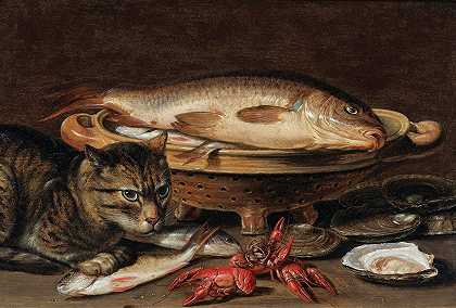 克莱拉·皮特斯（Clara Peeters）笔下的岩壁上有一幅静物画，画中有陶瓷项圈里的鱼、牡蛎、龙虾、鲭鱼和一只猫`A Still Life With Fish In A Ceramic Collander, Oysters, Langoustines, Mackerel And A Cat On The Ledge Beneath by Clara Peeters