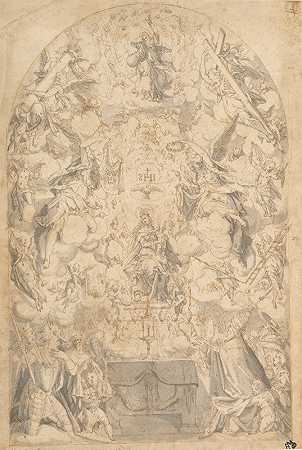 麦当娜和孩子，天使们带着激情的象征`Madonna and Child with Angels Bearing Symbols of the Passion (1583) by Friedrich Sustris