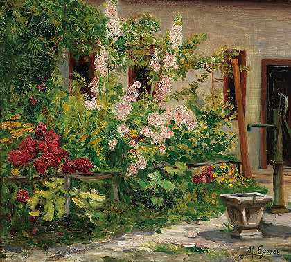 玛丽·埃格纳（Marie Egner）的前花园里有盛开的蜀葵`Front Garden with Blossoming Hollyhocks by Marie Egner
