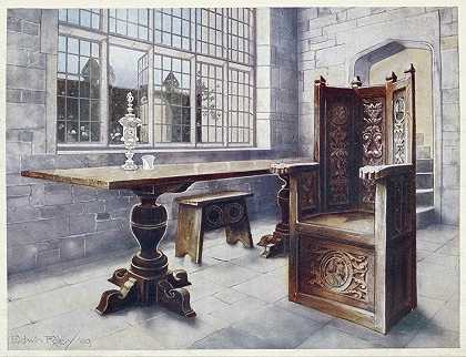 橡木栈桥桌和矿主sEdwin Foley主持`Oak trestle table, Mine hosts chair (1910 ~ 1911) by Edwin Foley