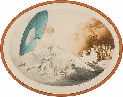 躺在阳伞下的女人`Woman Reclining with Parasol by Louis Icart