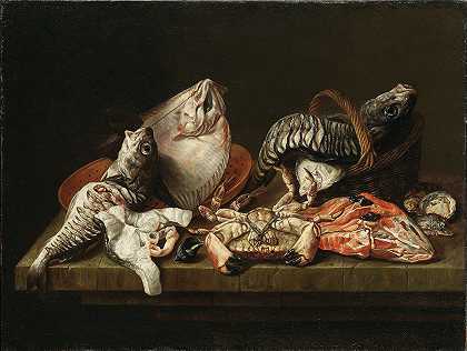 Isaac van Duynen的《鱼、蟹和牡蛎的静物》`Still Life with Fishes, a Crab and Oysters by Isaac van Duynen