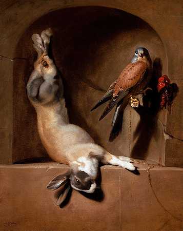 德克·德布雷（Dirck de Bray）的《壁龛中死兔子和猎鹰的静物画》`Still Life with Dead Hare and Falcon in a Niche (1678) by Dirck de Bray