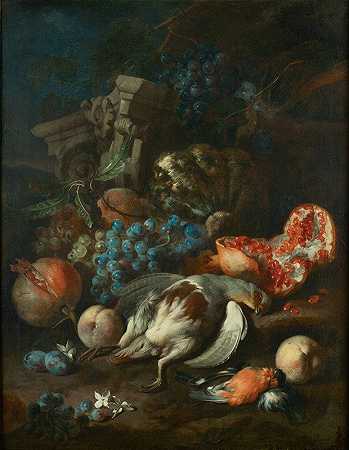 弗兰兹·沃纳·冯·塔姆（Franz Werner von Tamm）的水果片，配死鹧鸪和金佩尔姆（gimpelmännchen）`Früchtestück mit totem Rebhuhn und Gimpelmännchen (1720) by Franz Werner von Tamm