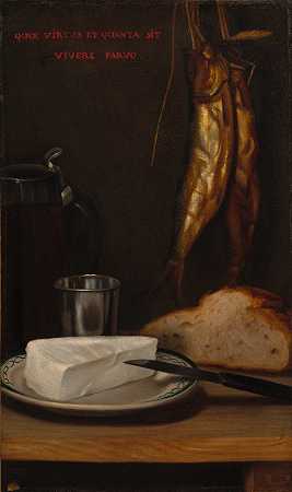 Alexandre Gabriel Decamps的鲱鱼、面包和奶酪静物画`Still Life with Herring, Bread, and Cheese (1858) by Alexandre-Gabriel Decamps