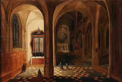 教堂屋内有礼拜者在祈祷`A church interior with worshippers at prayer by Pieter Neeffs the younger