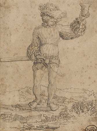 风景中的雇佣兵`Mercenary Soldier in a Landscape (1515) by Circle of Wolf Huber