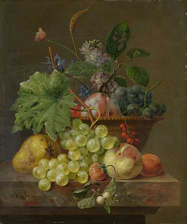 安东尼·奥伯曼（Anthony Oberman）的陶土盘子里的水果静物画`Still Life with Fruit in a Terracotta Dish (c. 1830) by Anthony Oberman