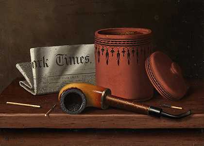 《纽约时报》的静物画，威廉·迈克尔·哈内特的《烟草罐、烟斗和火柴》`Still Life with New York Times, Tobacco Jar, Pipe and Matches (1879) by William Michael Harnett