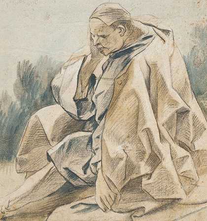 一个戴帽子的坐着男人的窗帘研究`Drapery Study of a Seated Man Wearing a Cap (circa 1655~1665) by Jacob Jordaens