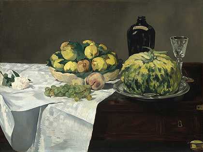 《甜瓜和桃子的静物》，埃杜阿德·马内著`Still Life with Melon and Peaches (c. 1866) by Édouard Manet