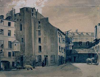 朝圣者之旅，拉特兰的圣约翰宫廷。`Tour des pèlerins, cour Saint Jean de Latran. (1854) by Auguste-Sébastien Bénard