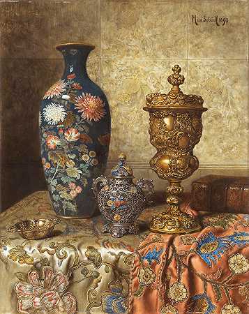 Max Schödl的景泰蓝花瓶、有盖高脚杯、有盖花瓶和Tastevin静物画`Still Life with Cloisonné Vase, Covered Goblet, Lidded Vase and Tastevin (1897) by Max Schödl