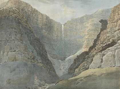 有瀑布的岩石峡谷`Rocky Gorge with a Waterfall by Samuel Davis