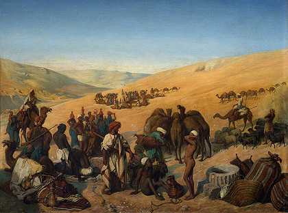 商队在希布伦南部沙漠中的萨巴井（别是巴）停了下来`Halt of Caravans at the Wells of Saba (Beersheba) in the Desert South of Hebron (1850) by Charles de Coubertin