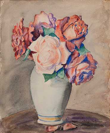 Jadwiga Gałęzowska的白色花瓶中的玫瑰`Roses in a white vase (1940s) by Jadwiga Gałęzowska