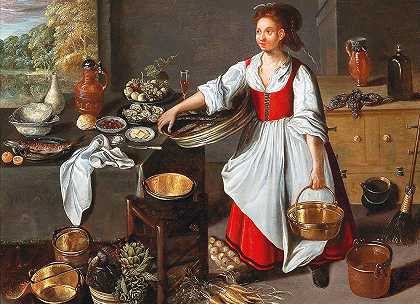 有仆人的厨房屋内`A Kitchen Interior With A Servant by School Of Antwerp