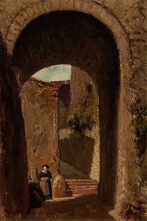 女人拱门`Archway with Woman (circa 1865) by Elihu Vedder