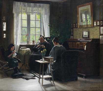母亲、女儿和孩子罢工`Mor, Datter Og Barnebarn Strikker (1897) by Georg Achen