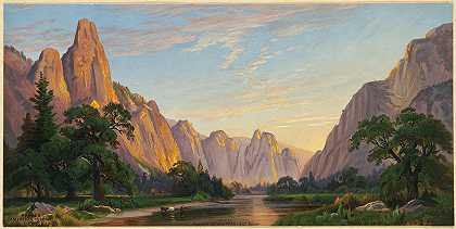 约塞米蒂山谷，向西看`Yosemite Valley, Looking West (1861~1873) by John Ross Key