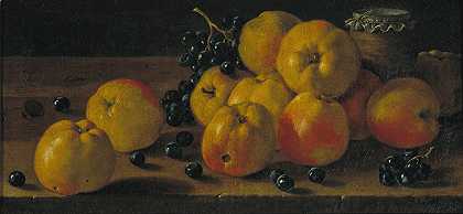 路易斯·梅伦德斯的《苹果、葡萄和果酱的静物画》`Still Life with Apples, Grapes and a Pot of Jam (18th century) by Luis Meléndez