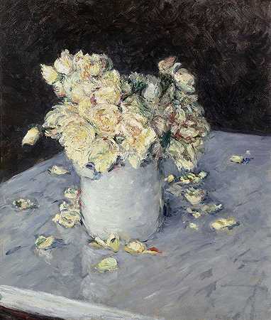 Gustave Caillebotte的《花瓶里的黄玫瑰》`Yellow Roses in a Vase (1882) by Gustave Caillebotte