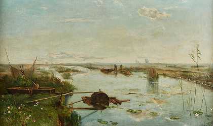 在河上划船`Punts on a River by Daniel Ridgway Knight