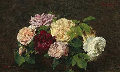 亨利·范丁·拉图尔的《餐桌上的玫瑰》`Roses de Nice on a Table (1882) by Henri Fantin-Latour