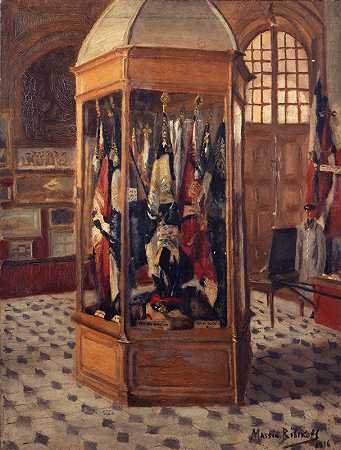 马西娅·比比科夫在战争博物馆的旗帜陈列室`Vitrine de drapeaux au musée de la Guerre, aux Invalides (1916) by Massia Bibikoff