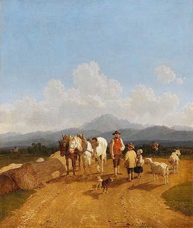 上巴伐利亚山麓的农民和牧童`Bauer und Hirtenkinder in oberbayerischer Voralpenlandschaft (1822) by Wilhelm von Kobell