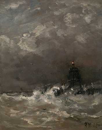 破浪中的灯塔`Lighthouse in Breaking Waves (c. 1900 ~ c. 1907) by Hendrik Willem Mesdag