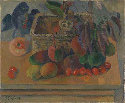 保罗·高更的《带篮子和水果的静物画》`Still life with basket and fruits (1884) by Paul Gauguin