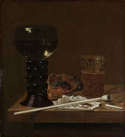 Jan Jansz的《Roemer静物画、啤酒杯和烟斗》。范德维尔德三世`Still Life with Roemer, Beer Glass and a Pipe (1658) by Jan Jansz. Van De Velde III