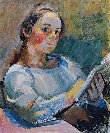 读书姑娘`Lesendes Mädchen (1920) by Franz Wiegele