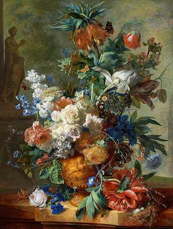 《带花的静物画》简·范·惠瑟姆`Still Life with Flowers (1723) by Jan van Huysum