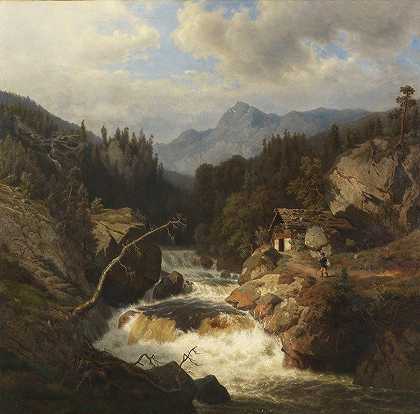 猎人在咆哮的河流旁的山景`Gebirgslandschaft mit Jägersmann am tosenden Fluss by Leonhard Rausch
