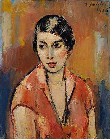 穿粉红色连衣裙的年轻女子`Junge Frau Im Rosa Kleid (1926) by Anton Faistauer